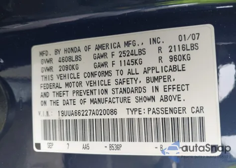 2007 Acura Tl from USA, damaged, VIN 19UUA66227A020086